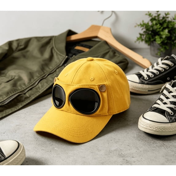 Men's Korean-Style Pilot Baseball Cap, Aviator Goggle Hat with Curved Visor, Cotton Canvas Sun Protection Cap for Spring Summer Yellow