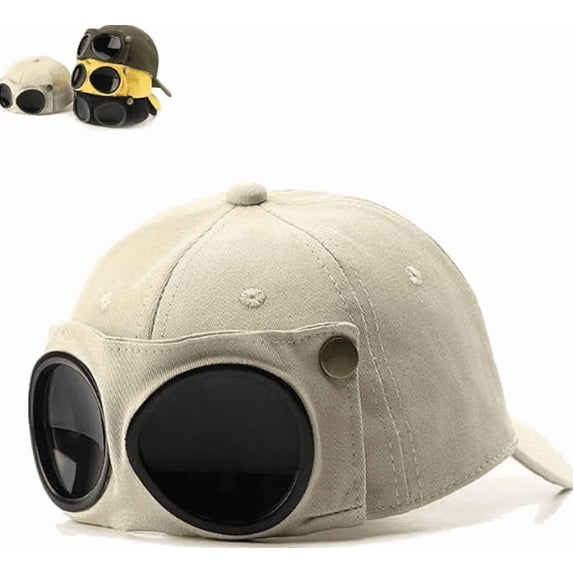 Men's Korean-Style Pilot Baseball Cap, Pilot Hat with Built-in Glasses, Streetwear Adjustable Sun Hat for Spring Summer Outdoor Wear Beige