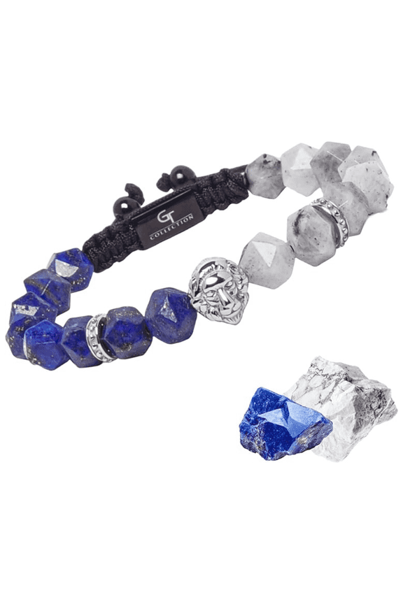 Men's LAPIS, LABRADORITE Bracelet with Silver LION Head | Gift for Men | One Size Fits All | 100% Natural | Gemstone Adjustable Bracelet