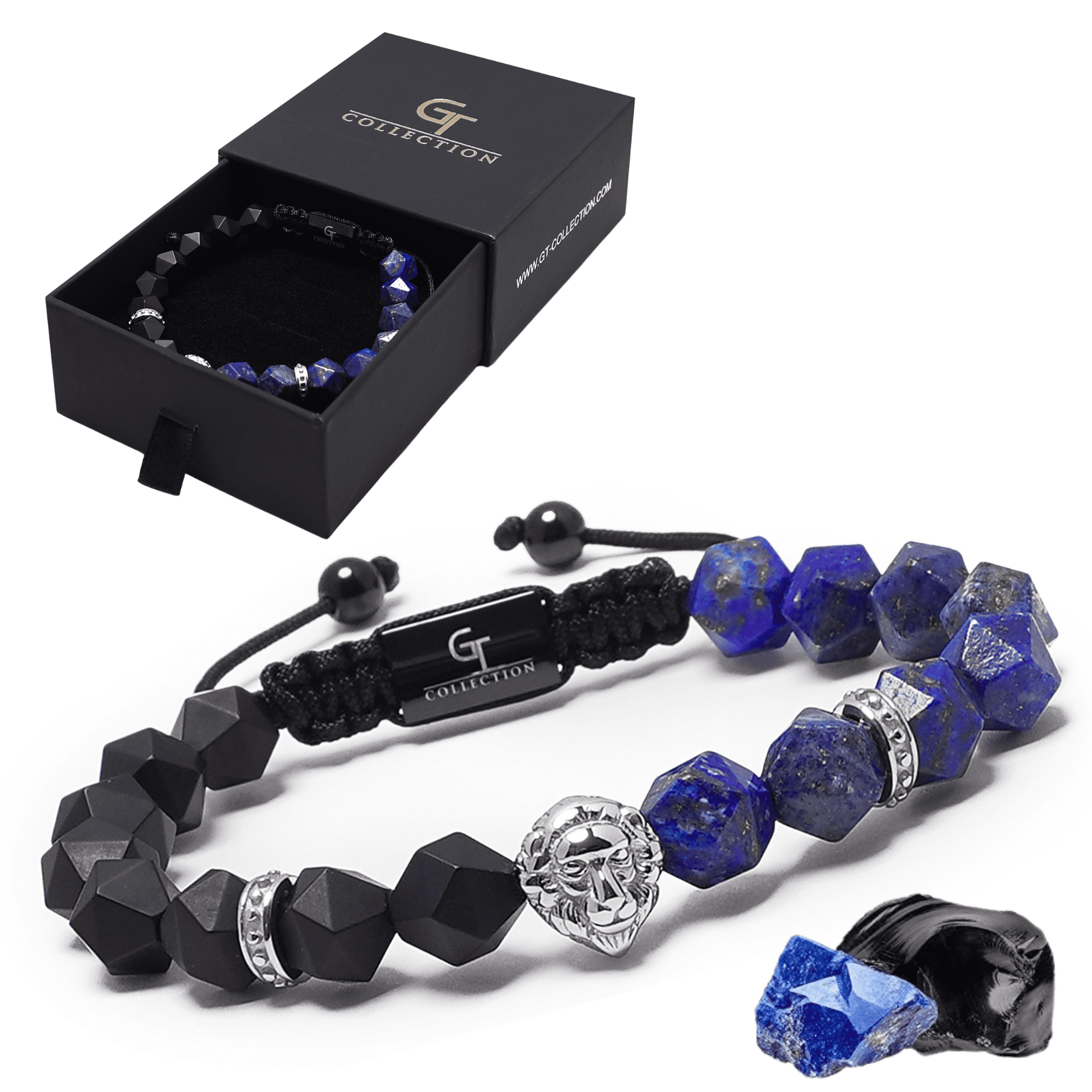 Men's LAPIS, ONYX Bracelet with Silver LION Head