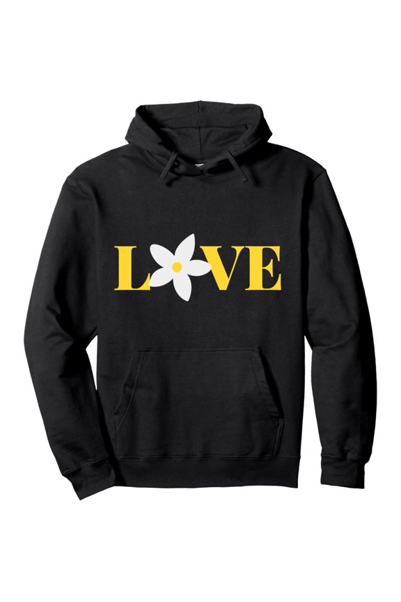 Men's LOVE Graphic Hooded Sweatshirt with Bold Yellow Lettering & White Flower Accent - Black Relaxed Fit Pullover Hoodie, Machine Washable Urban Streetwear Sweater for Fall/Winter Casual Wear