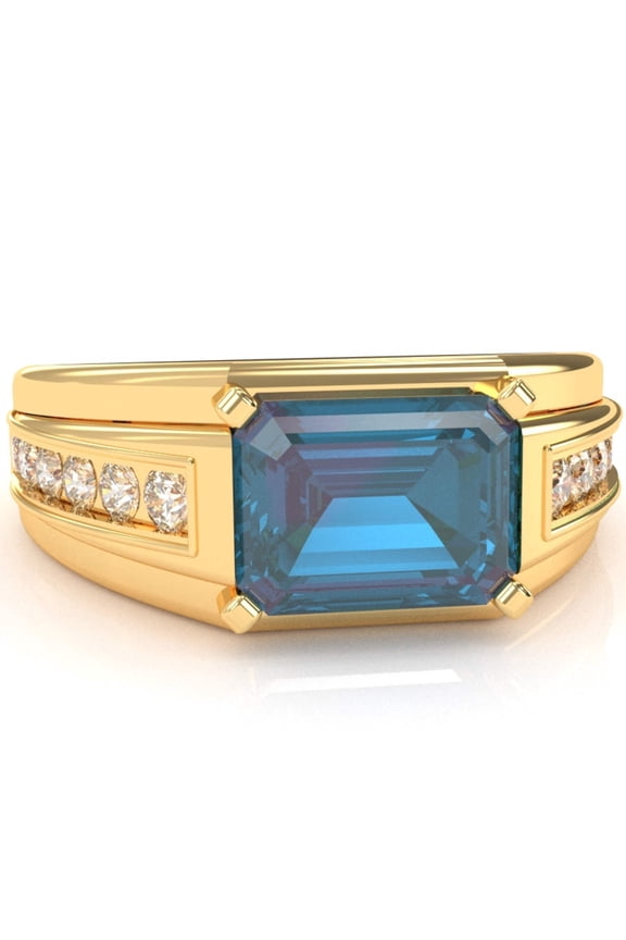 Men's Lab-Created Alexandrite Diamond Channel Ring In Solid 14k Yellow Gold