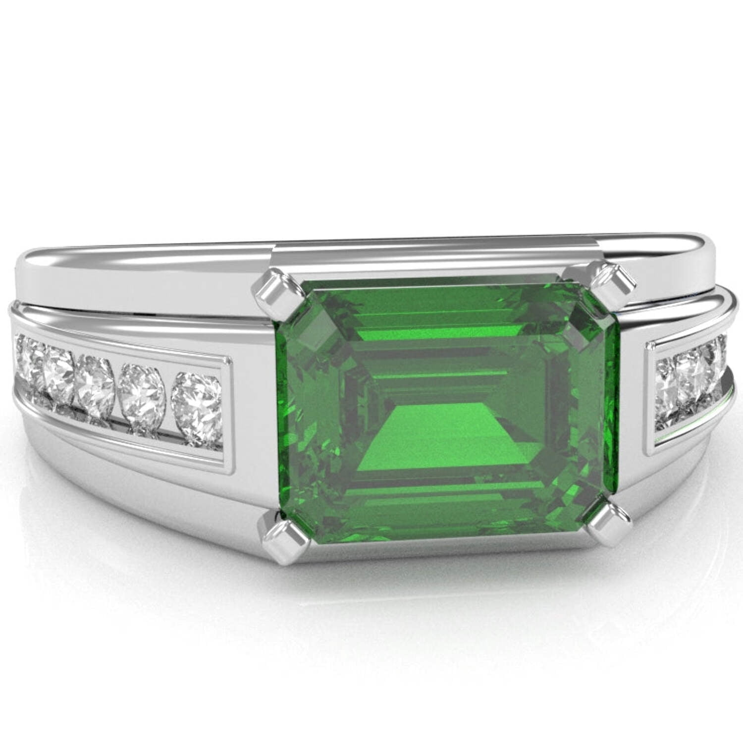 Men's Lab-Created Emerald Diamond Channel Ring In Solid 14k White Gold