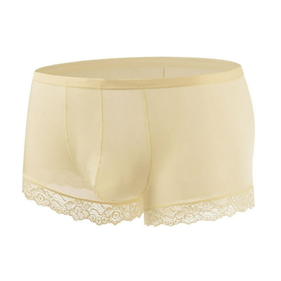 Men's Lace Trim Ice Silk Underwear Ultra-thin Breathable Boxer Briefs Solid Color Stretch Underpants