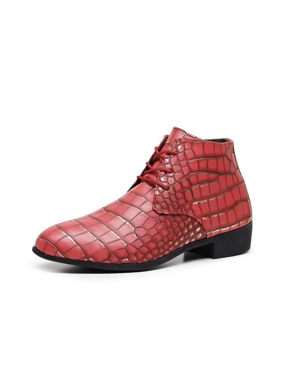 Men's Lace-Up Croc Embossed Ankle Dress Boots, Adult Male Pointed Toe Fashion Footwear with Low Block Heel for Party, Banquet and Stylish Social Events