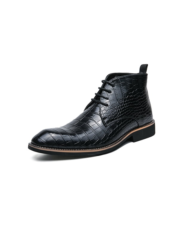 Men's Lace‑Up Croc‑Embossed High‑Top Dress Boots, Pointed‑Aligned Toe Glossy Embossed Upper Welted Stitching Details Low Block Heel Outsole For Formal Business And Dress Occasions