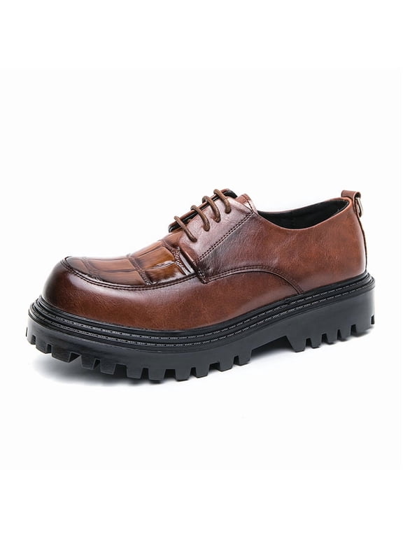 Men's Lace-Up Dress Casual Shoes with Croc-Embossed Vamp Panel, Apron Toe and Lug Sole
