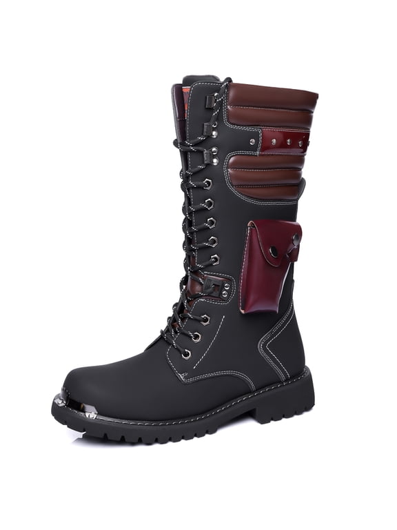 Men's Lace-Up Knee High Fashion Combat Boots, Adult Male Round Toe Multi Panel Upper Footwear with Rugged Lug Outsole for Cosplay and Street Styling