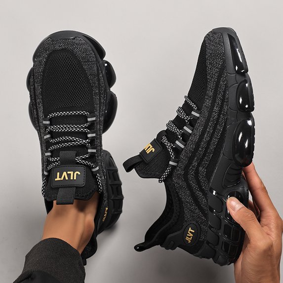 Men's Lace Up Knit Chunky Sneakers, Breathable Mesh Cushioned Athletic Running Shoes, Black, White Available