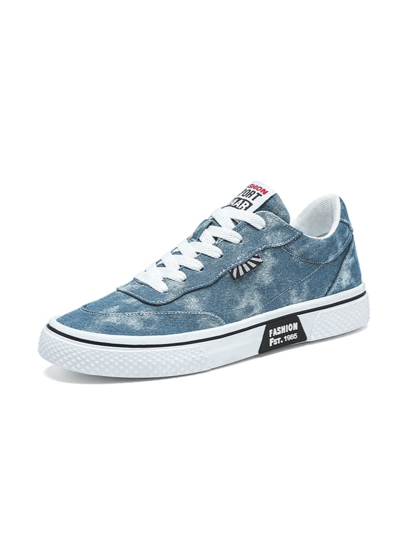 Men's Lace‑Up Low‑Top Canvas Skate Sneakers, Round Toe Textured Fabric Upper Contrast Stitching Text‑Printed Midsole Flat Textured Outsole For Daily Walking And Street Casual Occasions