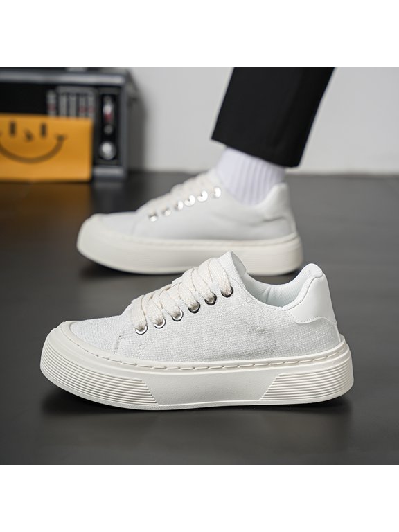 Men's Lace‑Up Low‑Top Platform Canvas Casual Sneakers, Textured Woven Fabric Upper Contrast Heel Panel Rounded Toe Multi‑Layer Grooved Thick Midsole Padded Collar Footwear For Daily Wear And Casual S