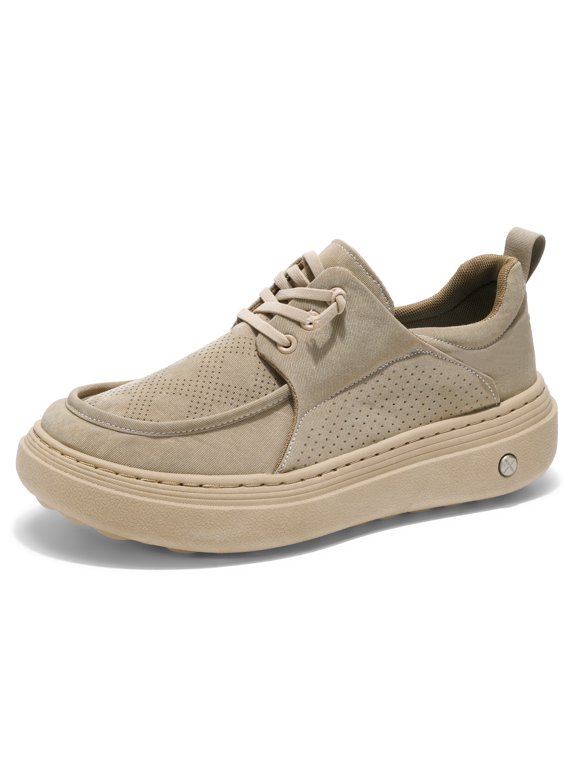 Men's Lace‑Up Low‑Top Platform Casual Boat Shoes, Soft Woven Fabric Upper Partial Perforated Panel Contrast Visible Stitching Heel Pull‑Tab Padded Collar Thick Textured Outsole Footwear For Daily Urb