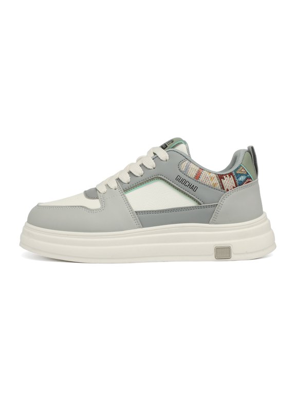 Men's Lace‑Up Low‑Top Platform Casual Sneakers, Multi‑Panel Spliced Upper Ethnic Woven Fabric Accent Rear Pull Tab Rounded Toe Multi‑Layer Thick Midsole Footwear For Daily Commute And Street Casual O