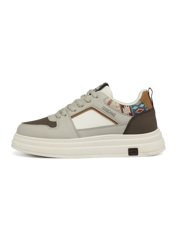 Men's Lace‑Up Low‑Top Platform Casual Sneakers, Multi‑Panel Spliced Upper Ethnic Woven Fabric Accent Rear Pull Tab Rounded Toe Multi‑Layer Thick Midsole Footwear For Daily Commute And Street Casual O