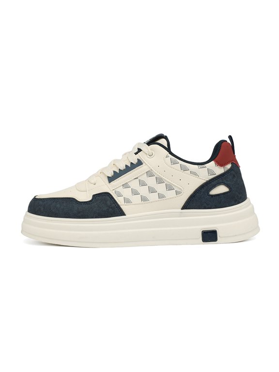 Men's Lace‑Up Low‑Top Platform Casual Sneakers, Printed Pattern Multi‑Panel Spliced Upper Rear Pull Tab Rounded Toe Multi‑Layer Thick Midsole Padded Collar Footwear For Daily Commuting And Street Cas