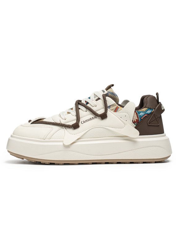 Men's Lace‑Up Low‑Top Platform Chunky Sneakers, Multi‑Material Spliced Upper Decorative Strap Details Rear Pull Tab Thick Layered Midsole Fine Curved Panel Stitching Footwear For Street Fashion And D