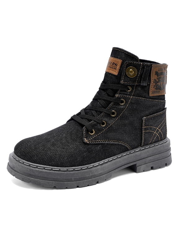Men's Lace-Up Mid-Top Denim Combat Boots, Round Toe Chunky Platform Sole Closed-Toe Casual Ankle Boots for Outdoor Daily Street Wear
