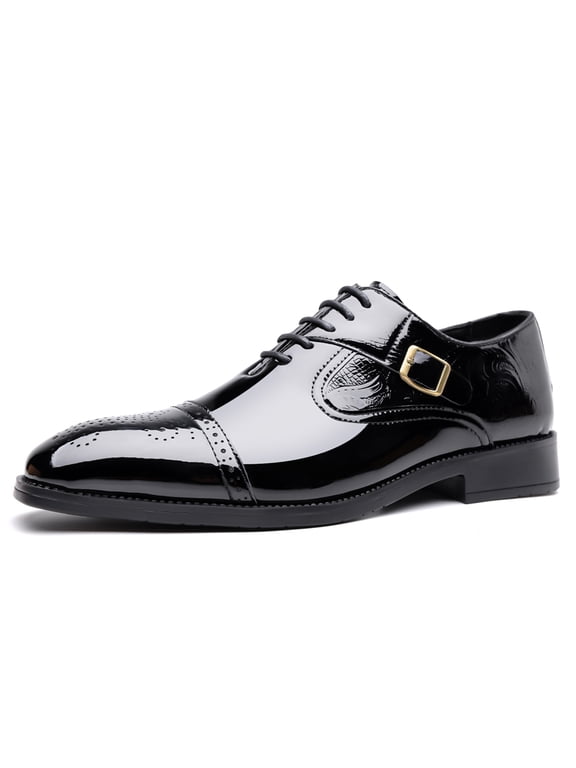 Men's Lace‑Up Monk Strap Low‑Top Dress Shoes, Pointed Toe Low‑Heel Patent Formal Brogue Shoes for Business Party Occasions