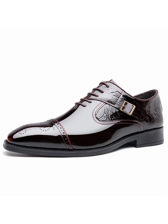 Men's Lace‑Up Monk Strap Low‑Top Dress Shoes, Pointed Toe Low‑Heel Patent Formal Brogue Shoes for Business Party Occasions