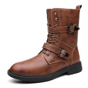 Men's Lace-Up Multi Buckle Mid Calf Fashion Combat Boots, Adult Male Round Toe Vintage Textured Upper Footwear with Low Block Outsole for Street Daily Wear