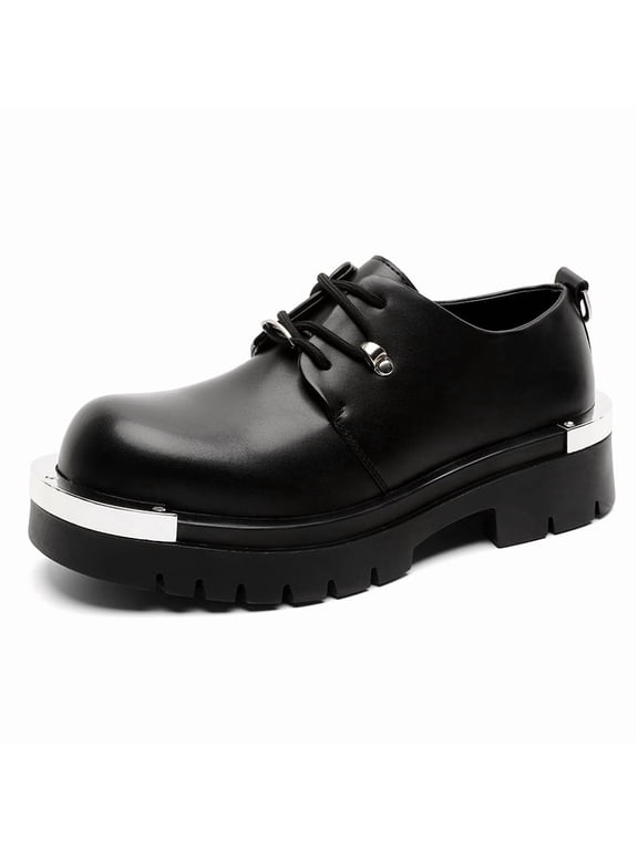 Men's Lace‑Up Platform Derby Shoes, Adult Male Fashion Oxford Shoes with Metal Toe Cap Decor, Chunky Lug Sole for Street Daily Outfit