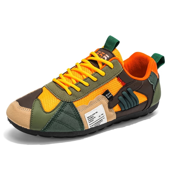 Men's Lace‑Up Retro Casual Sneakers, Square Toe Mixed‑Material Upper Mixed Lining Pull‑Tab Flat Outsole For Summer Daily Casual Occasions