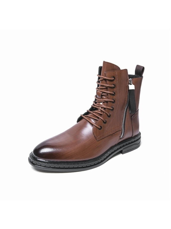 Men's Lace-Up Side Zipper Mid-Calf Dress Boots, Adult Male Round Toe Polished Upper Footwear with Block Outsole for Formal and Semi-Formal Occasions