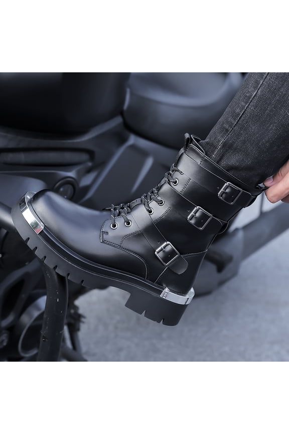 Men's Lace Up Side Zipper Mid Calf Knight Boots, Square Toe Split Leather Platform Combat Boots