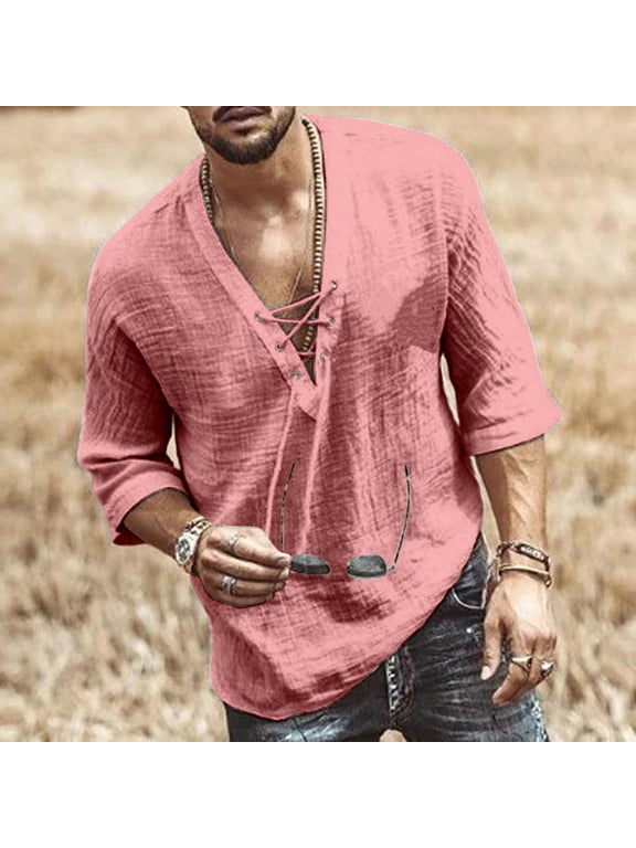 Men's Lace-Up Solid Color Mid-Sleeve Casual T-Shirt