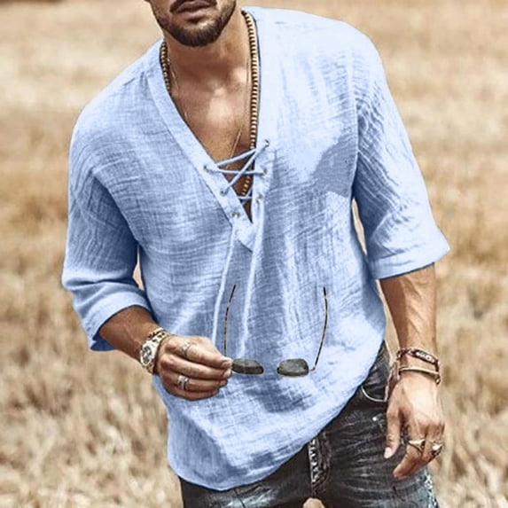 Men's Lace-Up Solid Color Mid-Sleeve Casual T-Shirt