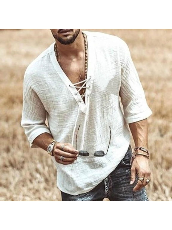 Men's Lace-Up Solid Color Mid-Sleeve Casual T-Shirt