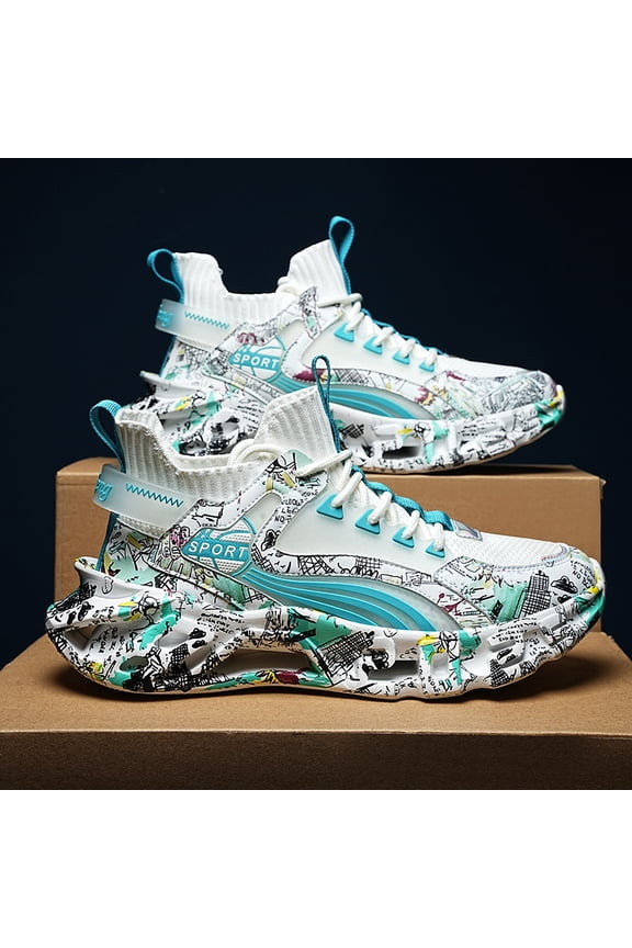 Men's Lace-up Graffiti Trendy Blade Type Sneakers - Breathable - Running Shoes And Shock-absorbing