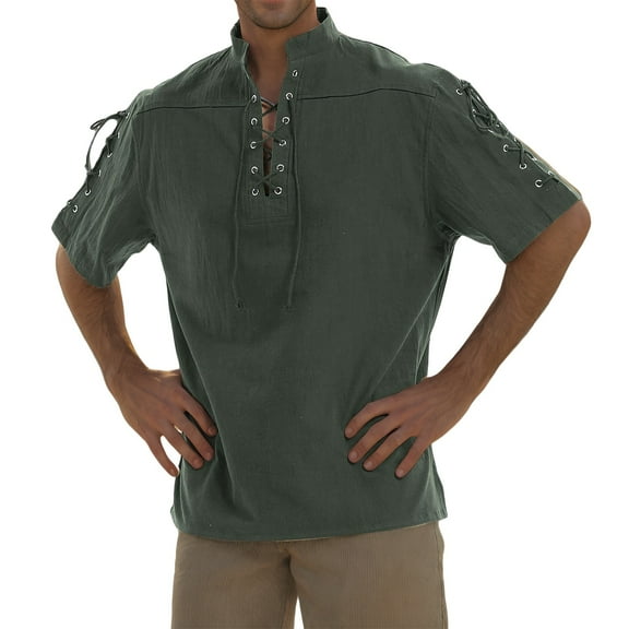 Men's Lace-up Medieval Shirt Short Sleeve Solid Viking Steampunk Retro Renaissance Gothic Costume Hippie Yoga Tops