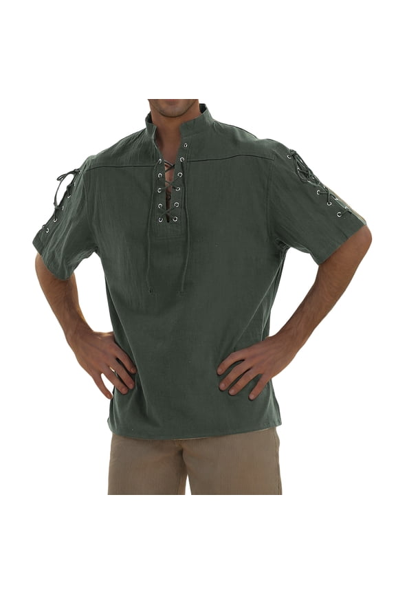 Men's Lace-up Medieval Shirt Short Sleeve Solid Viking Steampunk Retro Renaissance Gothic Costume Hippie Yoga Tops