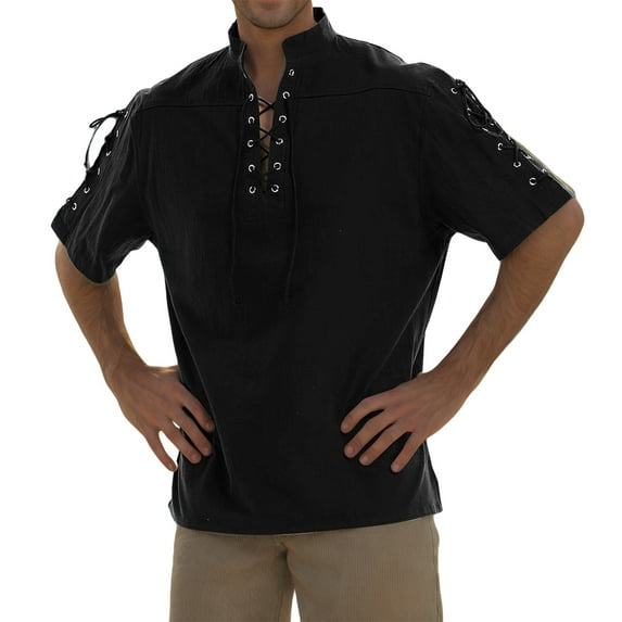Men's Lace-up Medieval Shirt Short Sleeve Solid Viking Steampunk Retro Renaissance Gothic Costume Hippie Yoga Tops