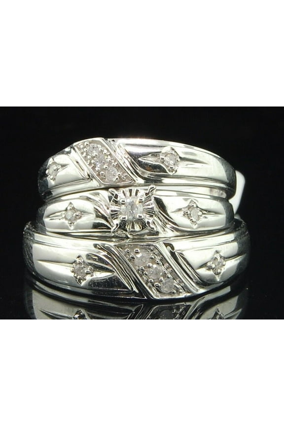 Men's Ladies 10K White Gold Diamond Engagement Ring Wedding Band Trio Set .15 Ct
