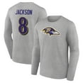 thumbnail image 1 of Men's Lamar Jackson Gray Baltimore Ravens Icon Player Name & Number Long Sleeve T-Shirt, 1 of 3