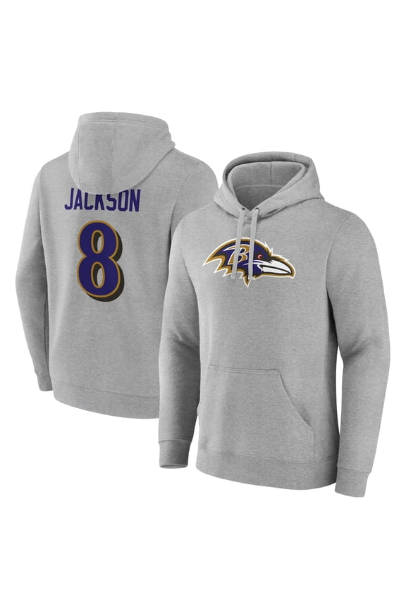 Men's Lamar Jackson Gray Baltimore Ravens Icon Player Name & Number Pullover Hoodie