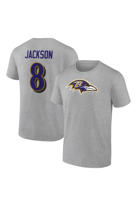 Men's Lamar Jackson Gray Baltimore Ravens Icon Player Name & Number T-Shirt