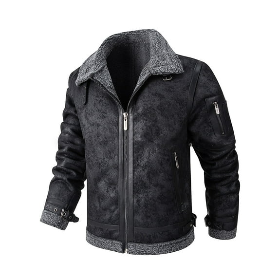 Men's Lamb Wool Bomber Coat Faux Leather Sherpa Fleece Lined Jackets Heavyweight Suede Faux Fur Trench-Coat Men Solid Color Artificial Leather Pocket Zipper Leather Clothing Jacket Loose Coat