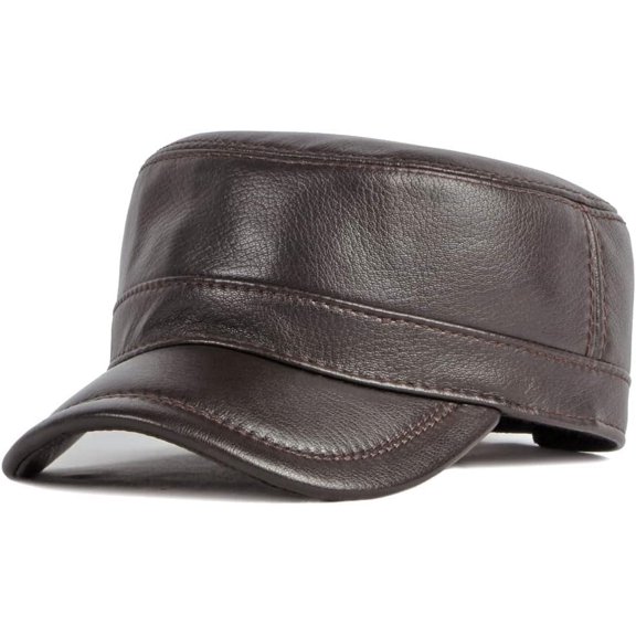 Men's Lambskin Leather Military Caps Cadet Army Caps Flat Top Cap