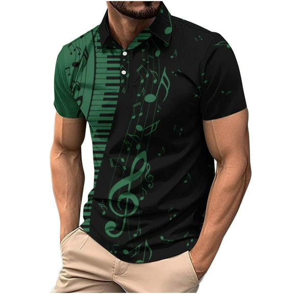 Men's Lapel Button Down Polo Shirts Casual Plus Size Musical Note Printed Golf T-Shirt Summer Fashion Short Sleeve Tops