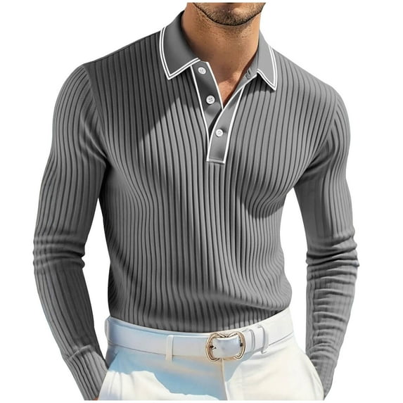 Men's Lapel Button Down Polo Shirts Long Sleeve Ribbed Knit T-Shirts Fashion Casual Golf Shirts