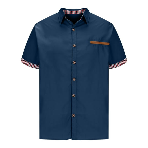 ZQUUVOU Men's Lapel Button Short Sleeve Shirt Solid Color Loose Casual Shirt Navy
