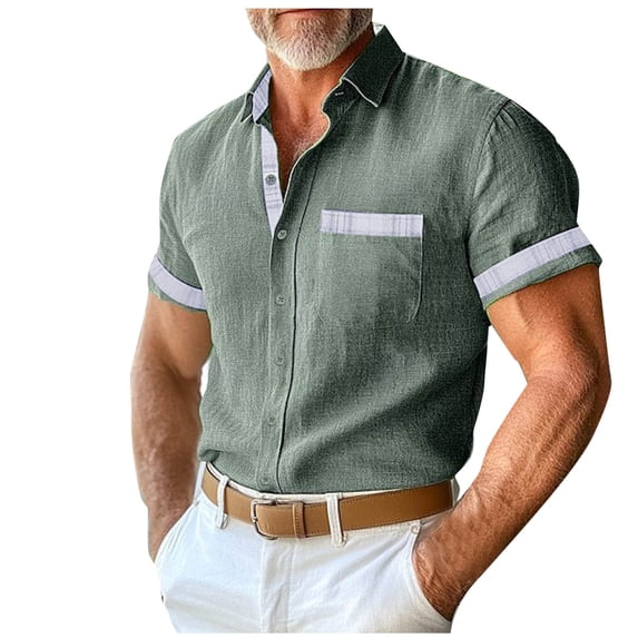 Men's Lapel Caller Shirt Summer Button down Short Sleeve Tops Color Patchwork Casual Tee with Pockets ,M