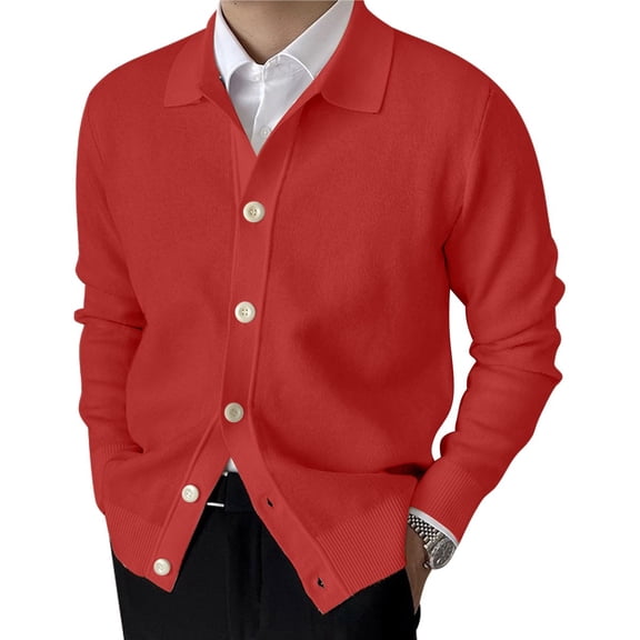 Men's Lapel Cardigan Sweater Knit Long Sleeve Button Cardigan Slim Fit Casual Ribbed Knitted Jacket Red L