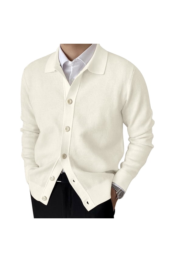 Men's Lapel Cardigan Sweater Knit Long Sleeve Button Cardigan Slim Fit Casual Ribbed Knitted Jacket White XL