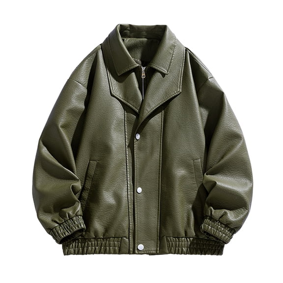 Men's Lapel Faux Leather Jacket Long Sleeve Casual Fashion Outwear Biker Racing Moto Jackets with Pockets (XXL, Green)