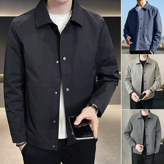 Men's Lapel Jacket - Long Sleeve Button Closure Coat with Side Pockets Spring Autumn Solid Color Outwear