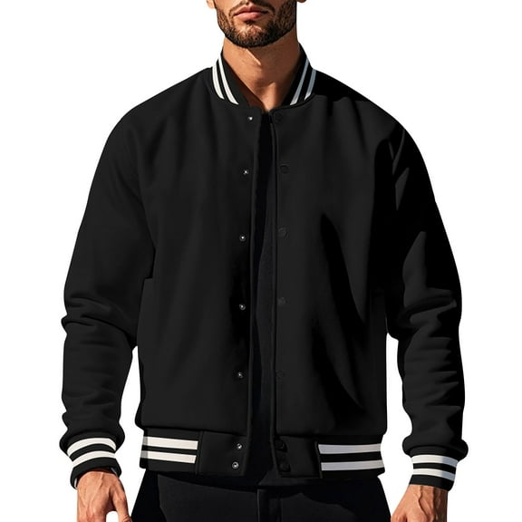 Men's Lapel Jacket, Solid Color Fleece Baseball Collar Button-Down Casual Zipper Pocket Coat for Sports and Winter Season,Black,M